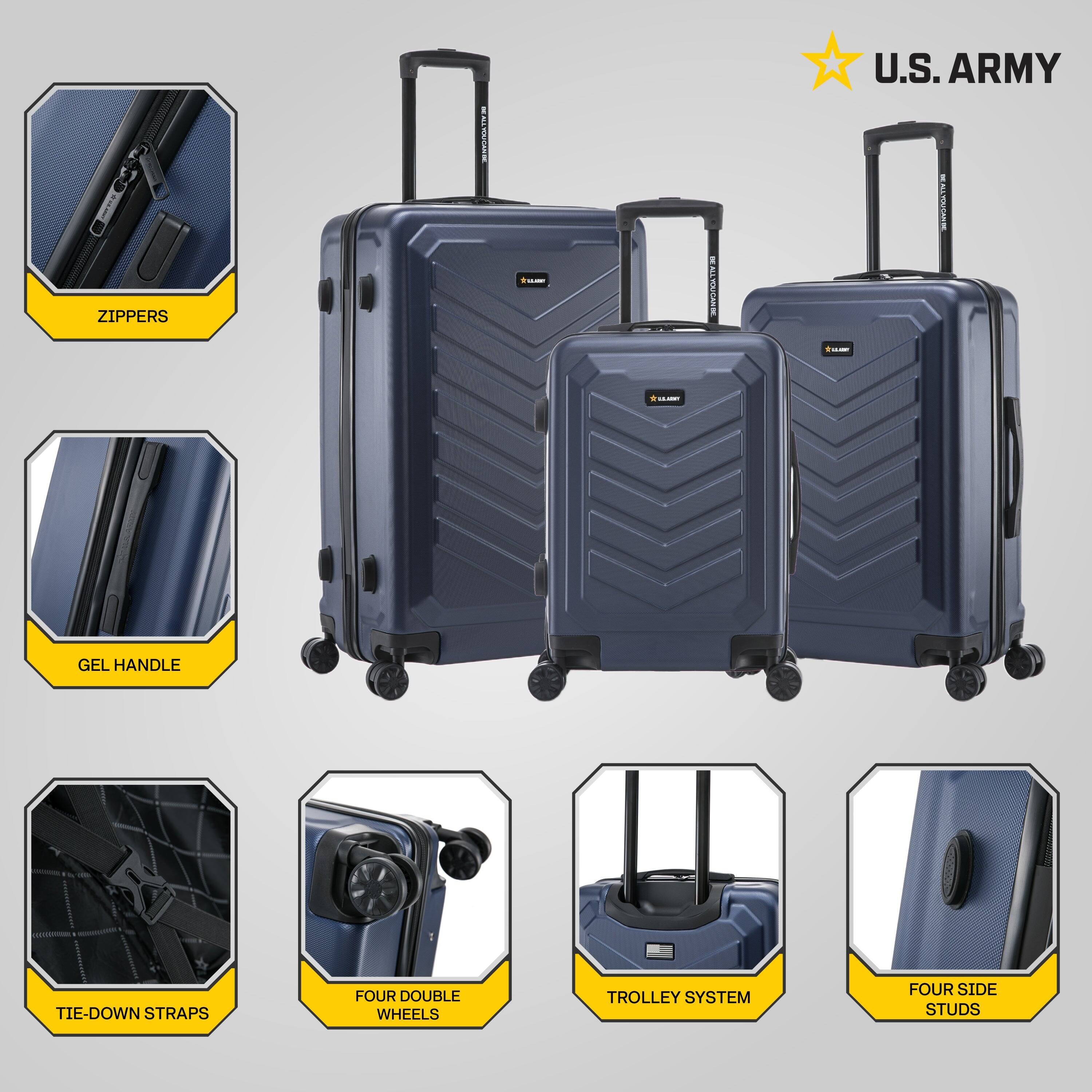 - ZIPPERS
- GEL HANDLE
- TIE-DOWN STRAPS
- FOUR DOUBLE WHEELS
- TROLLEY SYSTEM
- FOUR SIDE STUDS
- U.S. ARMY