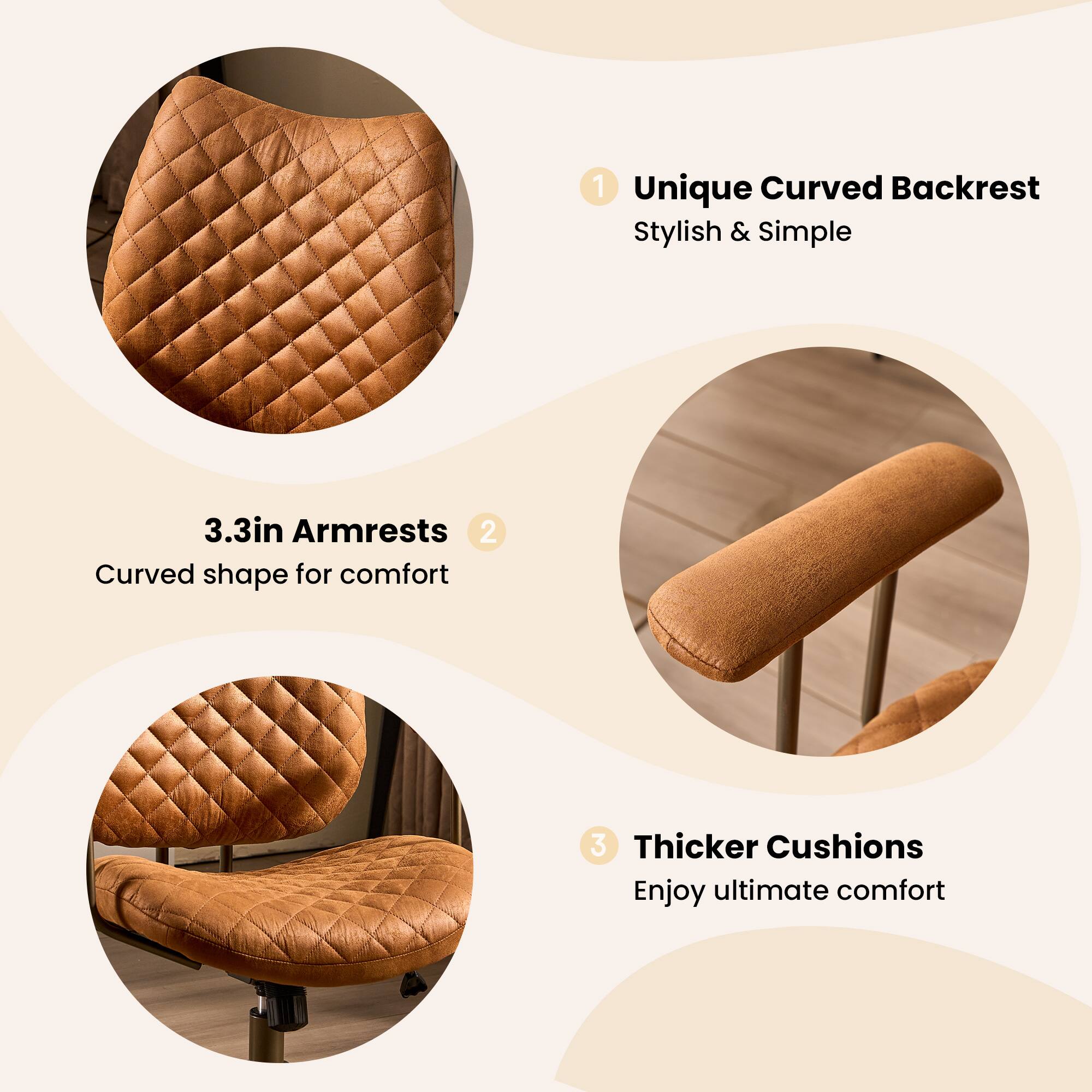1. Unique Curved Backrest  
   Stylish & Simple

2. 3.3in Armrests  
   Curved shape for comfort

3. Thicker Cushions  
   Enjoy ultimate comfort