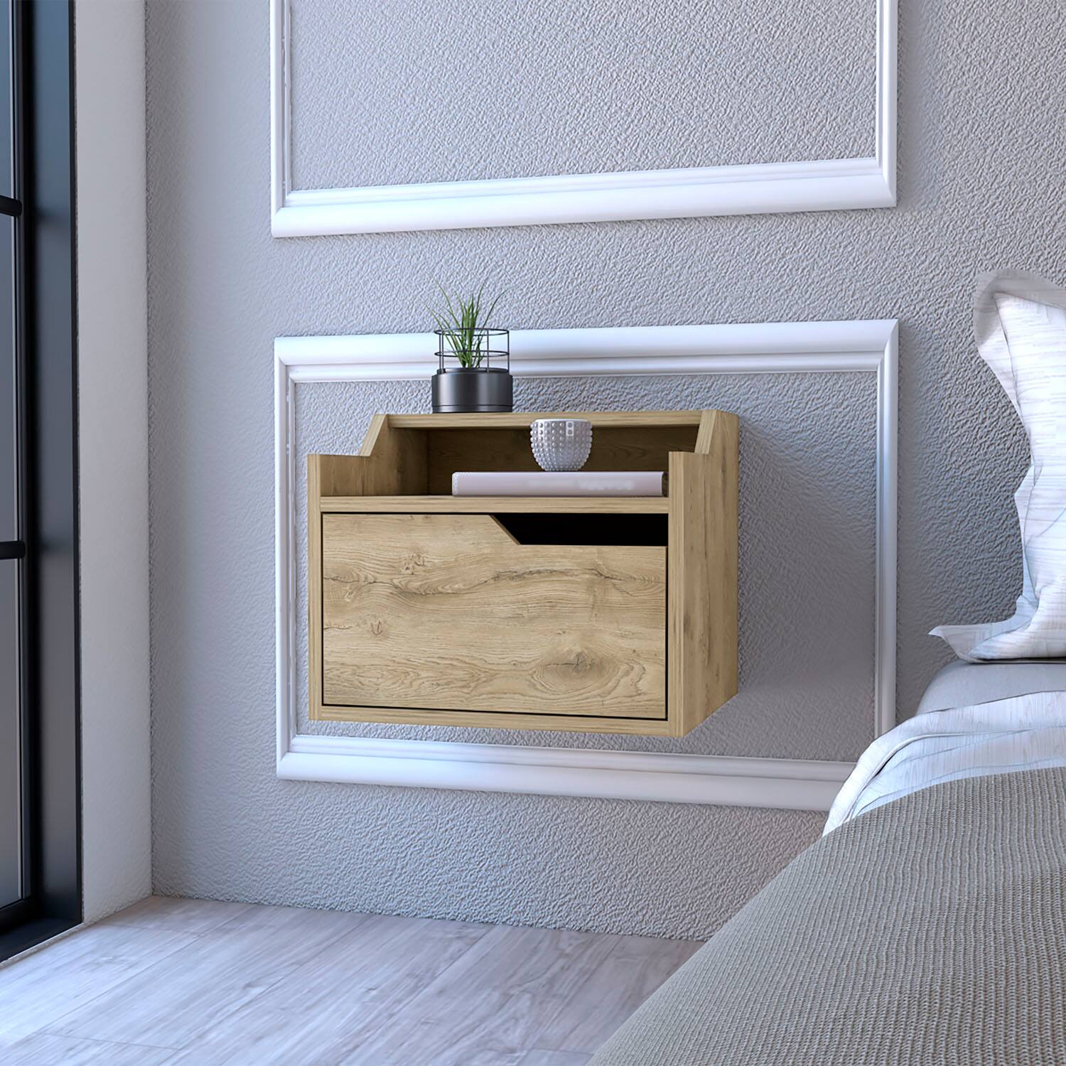 Alt View 2. Tiramisubest - Floating Nightstand with Spacious Drawer and Dual-Tier Surface - Beige.