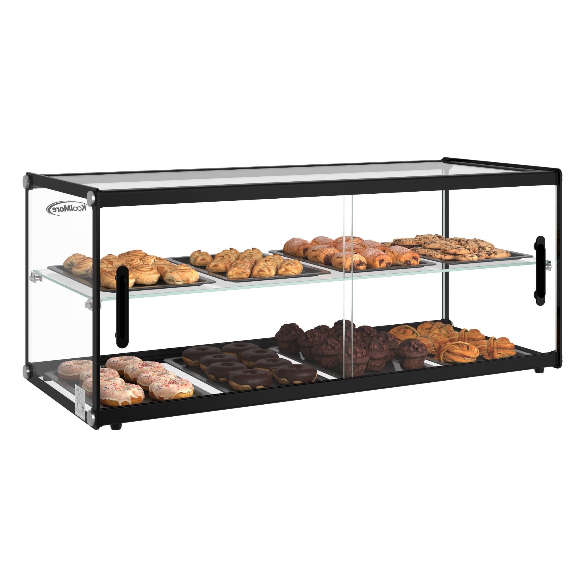 Angle. Koolmore - 36 in. 2 Tiered Pastry Display Case With Shelf and Sliding Door, 4.2 cu. ft. Capacity, ETL Listed (KM-DC-4CSBK) - Black.