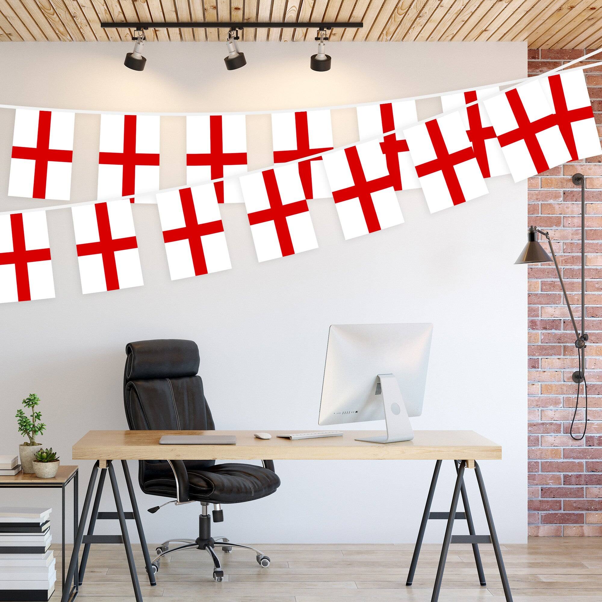 Left. G128 - England Bunting Banner 33 ft String with 38 Mini Flags, 8.2 x 5.5 in. - Assorted Colors.