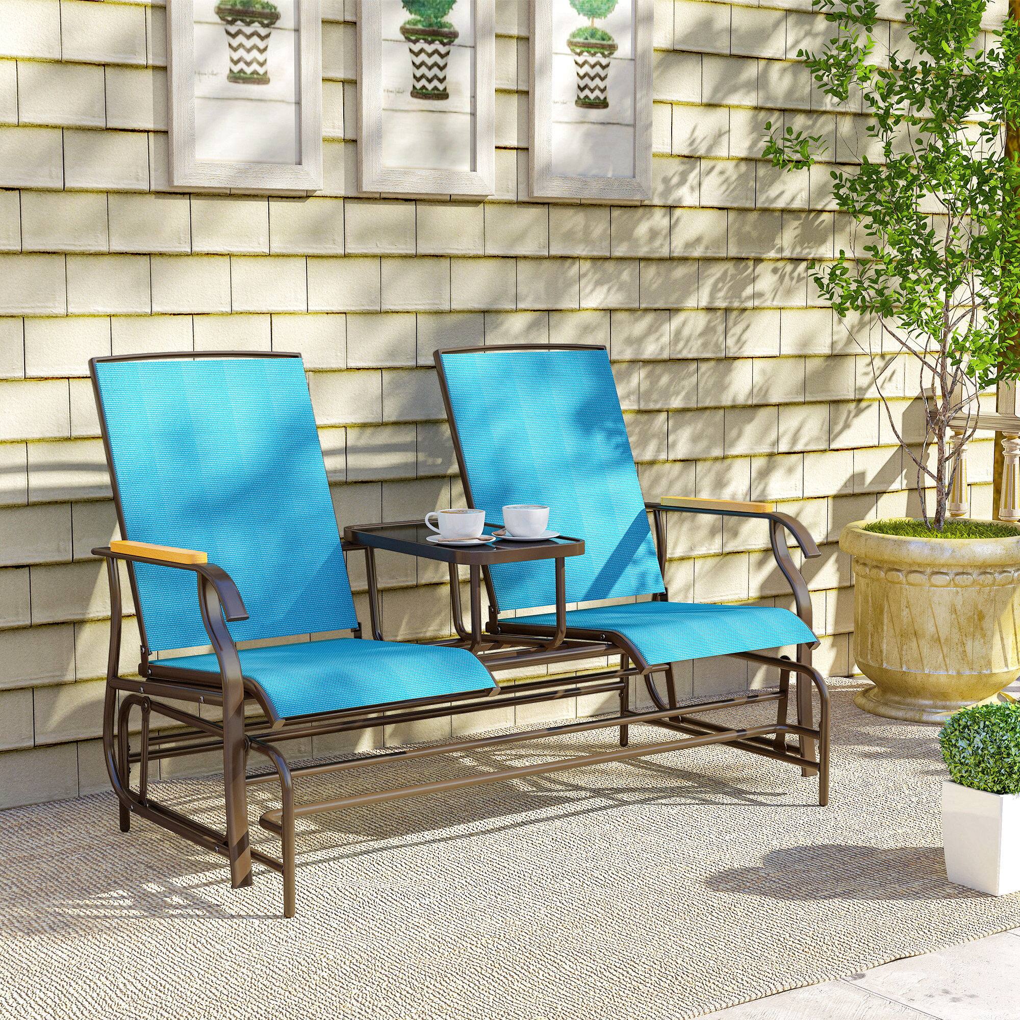 Alt View 8. Outsunny - 2-Person Glider Bench, Outside Glider Swing Chair Loveseat with Table - Blue.