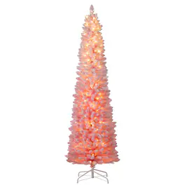 Costway - 7 FT Snow-flocked Artificial Christmas Tree with 180 Lights & 527 Branch Tips - Pink