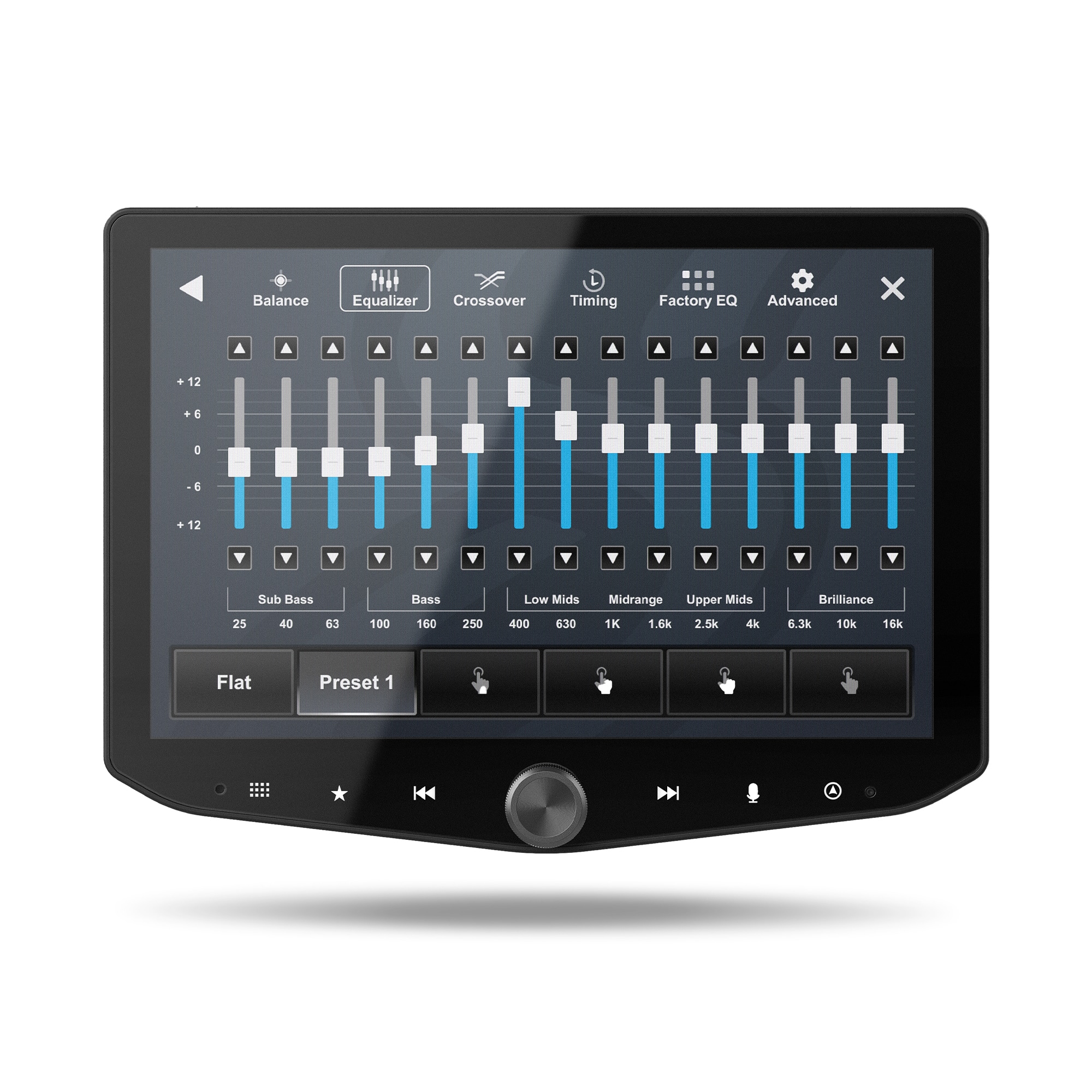 The text on the image reads:
Balance Equalizer Crossover L Timing Factory EQ Advanced X A A . 12 +6 . 6 E e a 12 25 Sub Bass 40 63 100 Bass 160 250 Low Mids 400 630 Midrange Upper Mids 1K 1.6k 2.5k 4k Brilliance 6.3k 10k 16k Flat Preset 1 K4 A