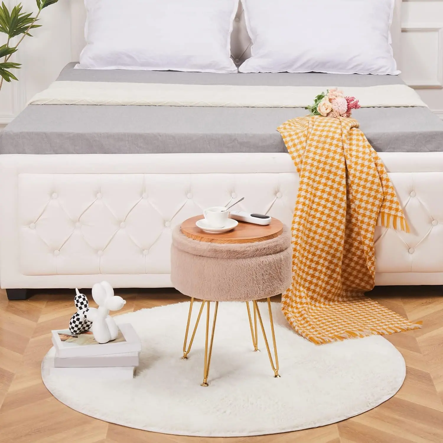 Alt View 5. JETRANSPORT - Footrest Footstools Round Faux Ottoman Storage Space Soft Vanity Chair Seat Coffee Table Small Side Metal - Black.