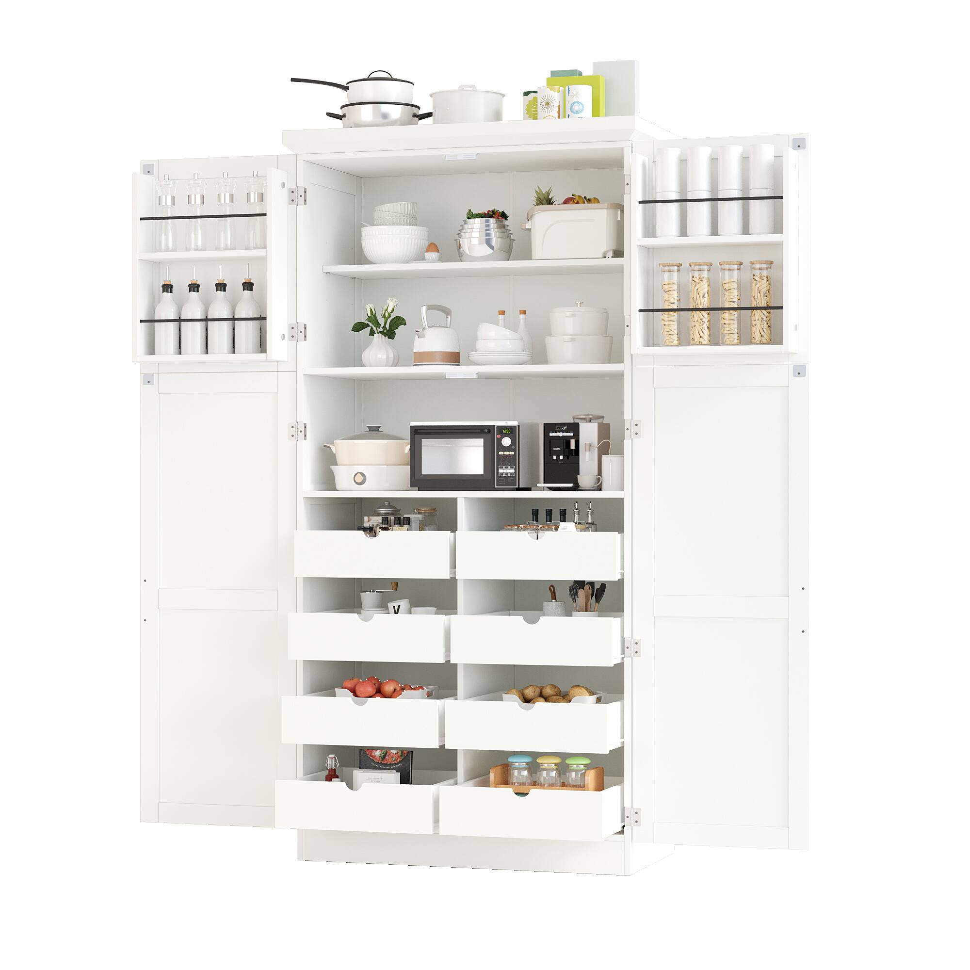 Alt View 7. Forest'nSky - 70.9" Freestanding Pantry Cabinet, 35.5" Wide with 8 Pull-Out Trays & Door Shelves for Dining Room, White - White.