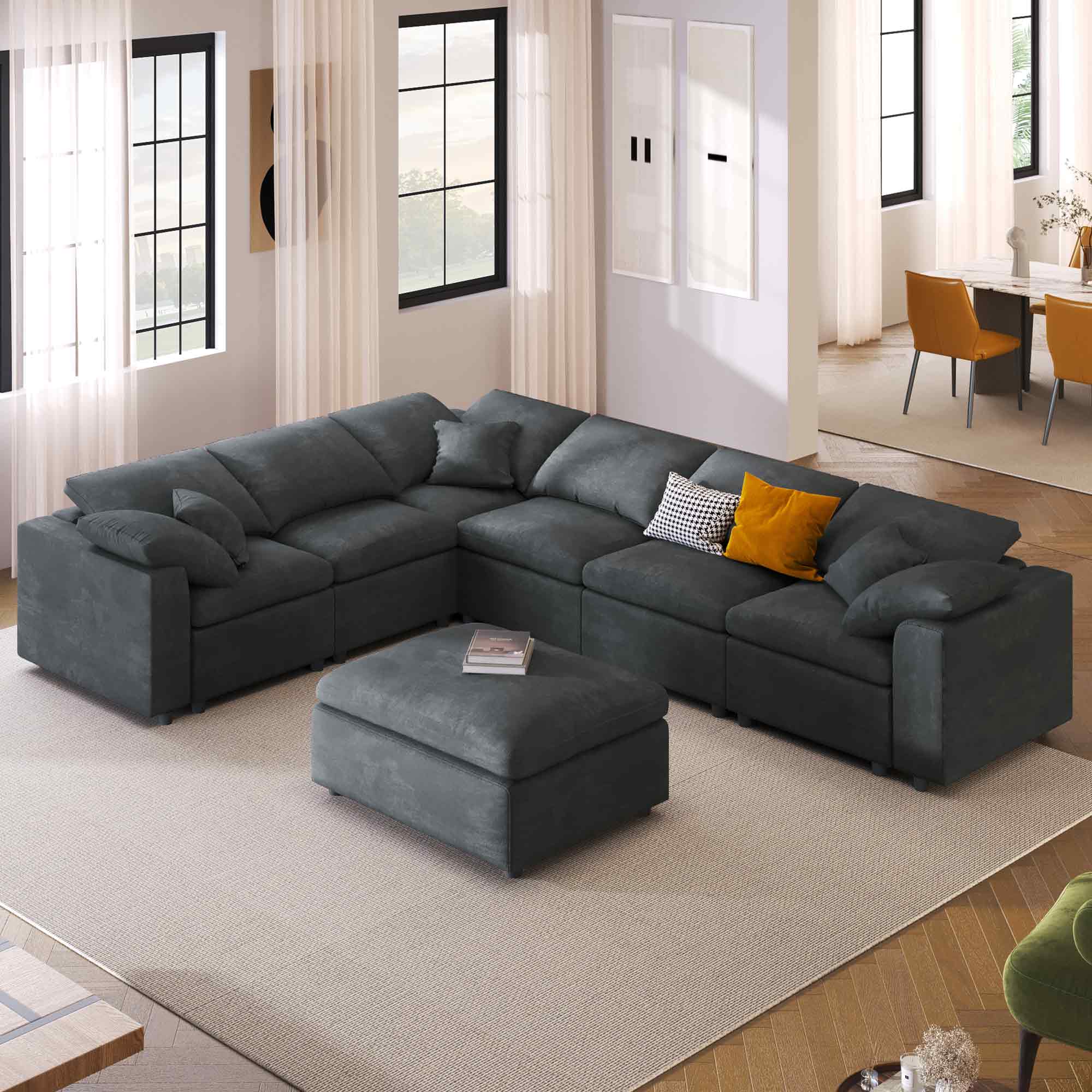 Angle. Anysun - 120.8" Extra Large 7-Seater Modular Sectional Sofa with L-Shape Design & Movable Ottoman – Chenille Fabric, Wood Frame - Grey.