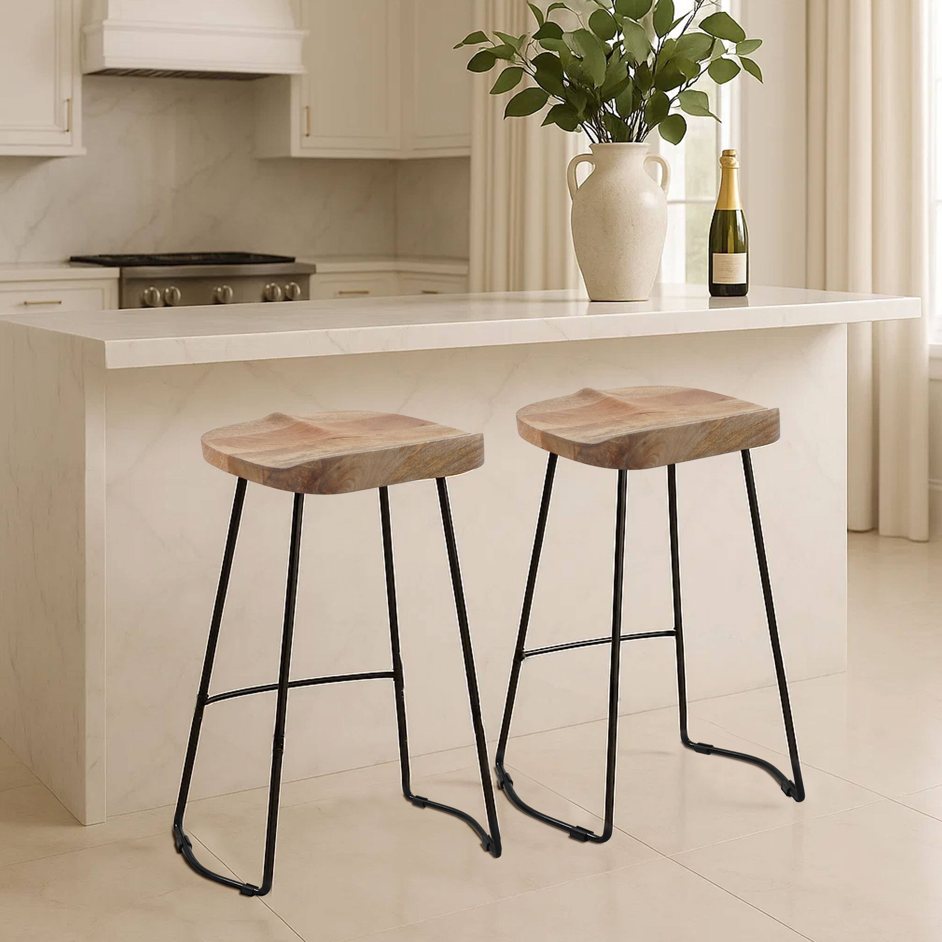 Alt View 8. Manhattan Lane - Tiva 30 Inch Handcrafted Backless Barstool, Natural Brown Mango Wood Saddle Seat, Black Metal Base - Brown, Black.