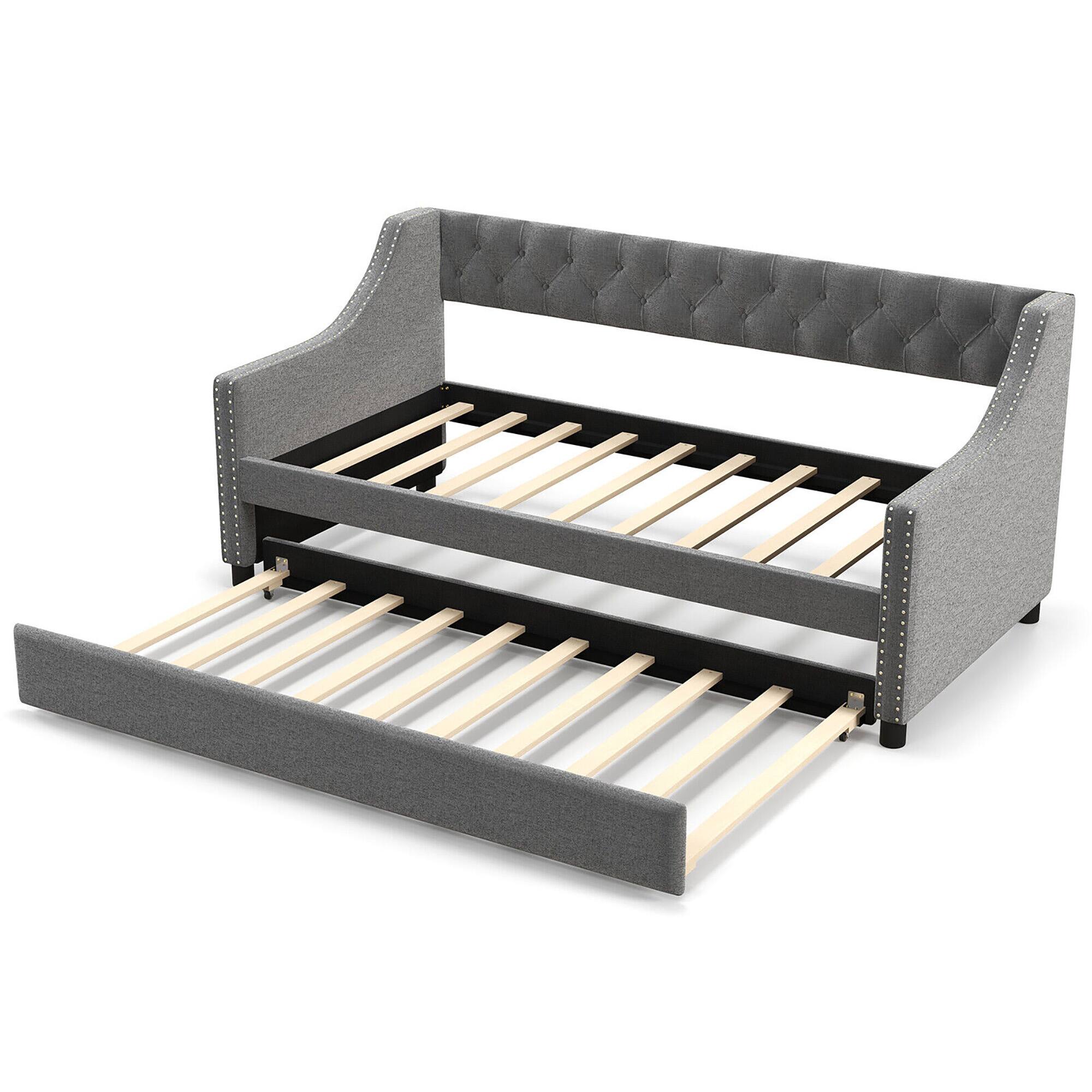 Alt View 1. Gymax - Gymax Twin Size Daybed w/ Trundle wingback Armrests & Button Tufted Backrest - Gray.