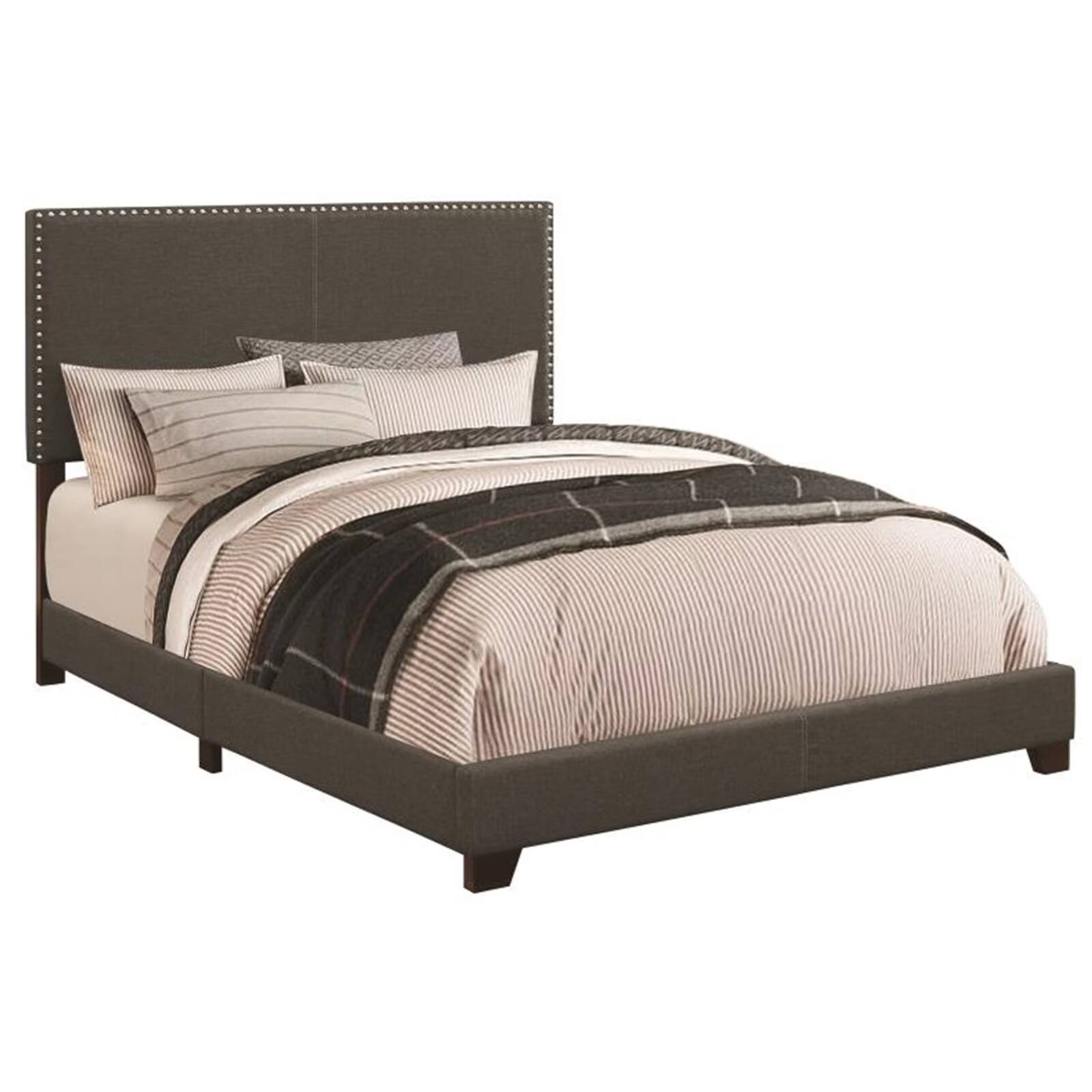 Manhattan Lane - Fabric Upholstered Queen Size Platform Bed with Nail Head Trim, Charcoal - Gray