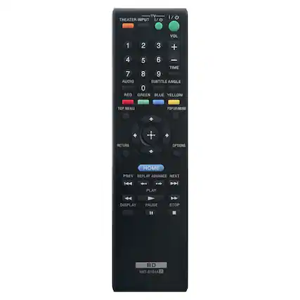 TV THEATER INPUT 1/0 1/0 VOL 1 2 3 + 4 5 6 - TIME 7 8 9 AUDIO SUBTITLE ANGLE 0 RED GREEN BLUE YELLOW TOP MENU POP UP/MENU - RETURN OPTIONS HOME PREV REPLAY ADVANCE NEXT PLAY DISPLAY PAUSE STOP BD RMT-B104A