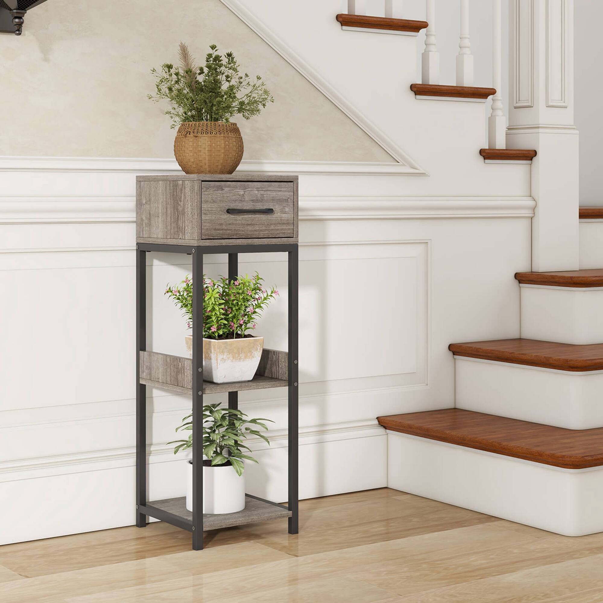 Alt View 5. Costway - 2 Pack 3 Tier Indoor Tall Plant Stand with Drawer Anti-tipping Devices Display Shelf - Grey.