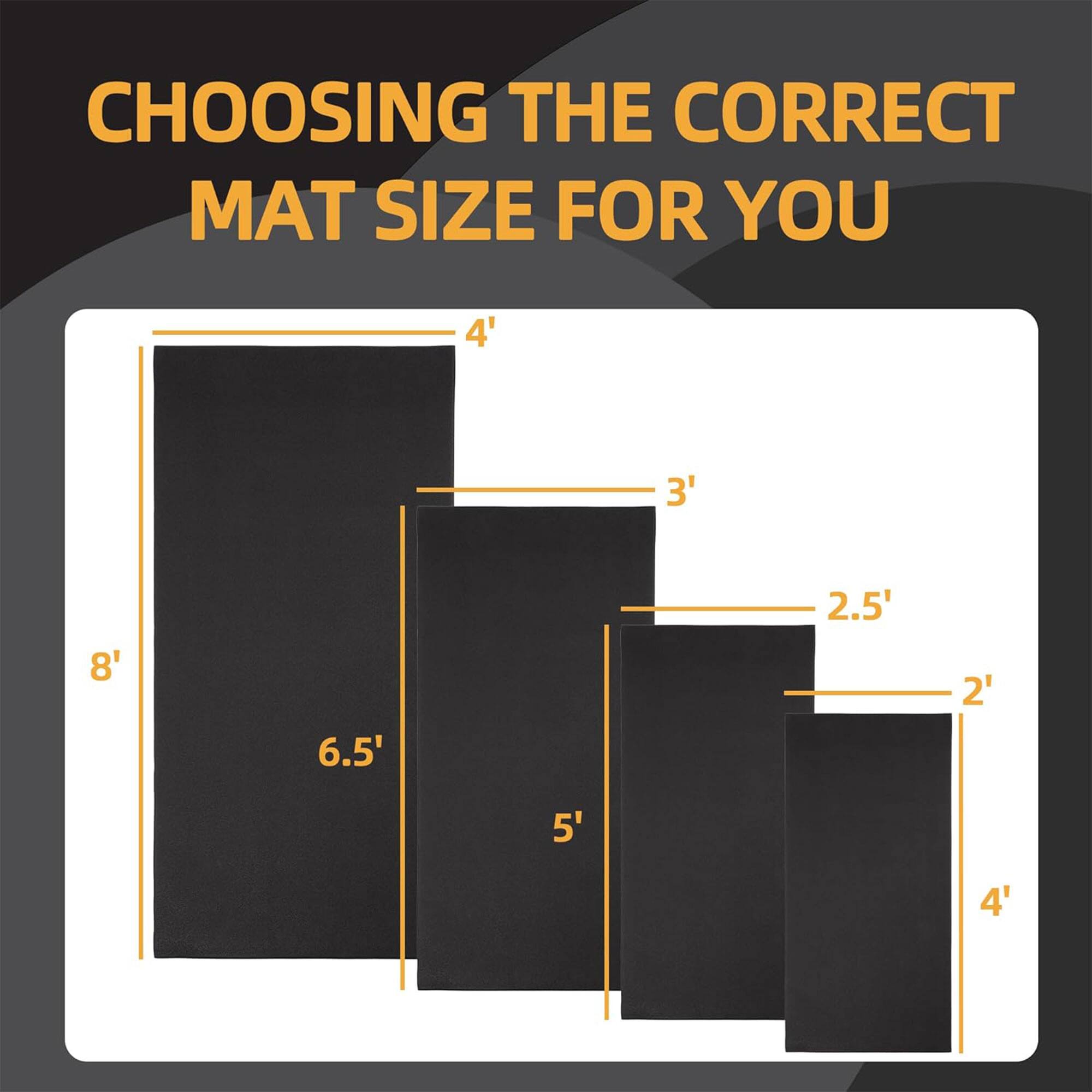 CHOOSING THE CORRECT MAT SIZE FOR YOU

- 8' x 6.5'
- 5' x 4'
- 3' x 2.5'
- 2' x 2'