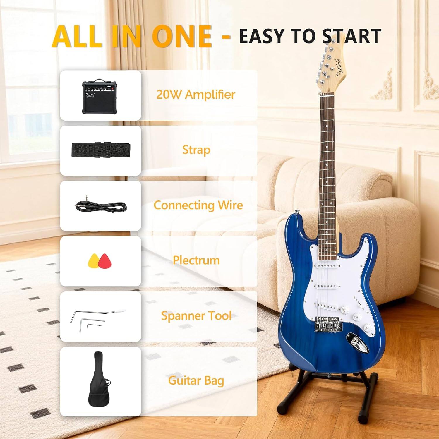 ALL IN ONE - EASY TO START

- 20W Amplifier
- Strap
- Connecting Wire
- Plectrum
- Spanner Tool
- Guitar Bag