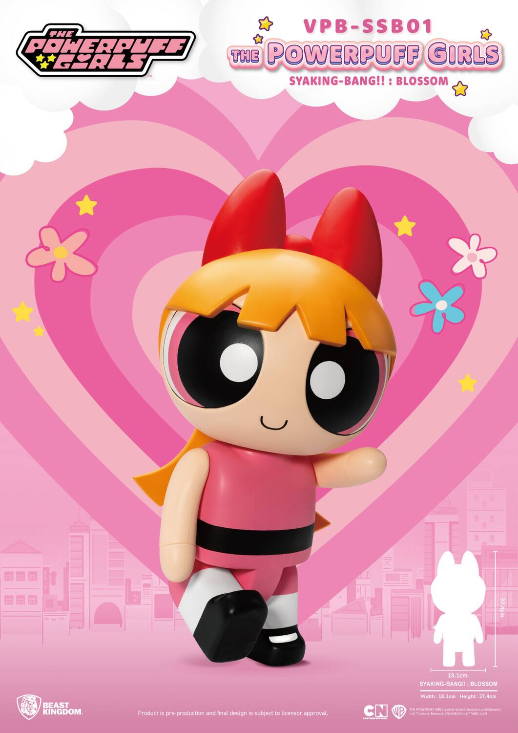 VPB-SSB01  
THE POWERPUFF GIRLS  
SYAKING-BANG!!: BLOSSOM  

Width: 18.1cm  
Height: 37.4cm  

Product is pre-production and final design is subject to licensor approval.  

BEAST KINGDOM.  

© CN WB | © Cartoon Network, © Warner Bros. & © WEB LION.