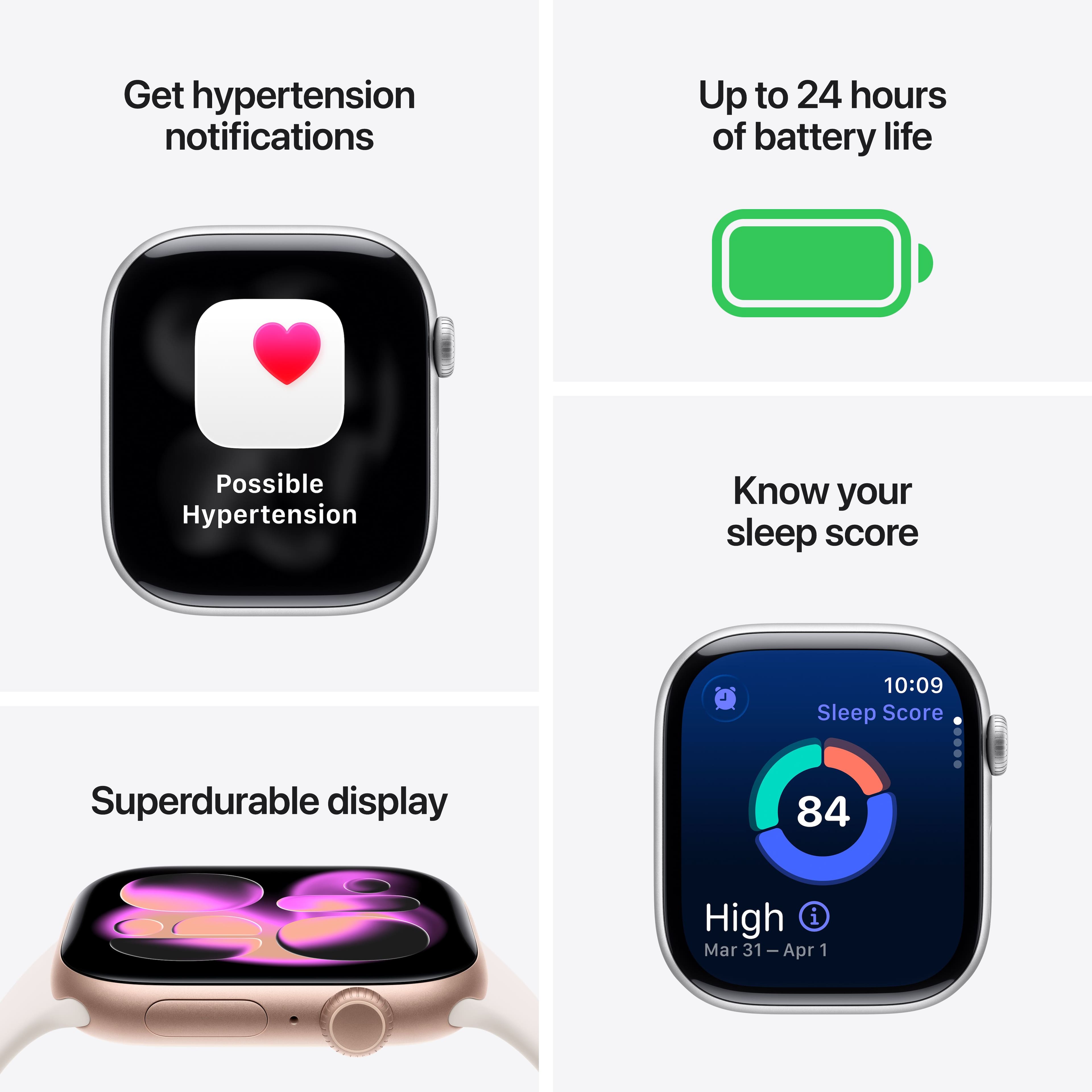 - Get hypertension notifications
Possible Hypertension
- Up to 24 hours of battery life
- Superdurable display
- Know your sleep score
10:09
Sleep Score
84
High
Mar 31 – Apr 1