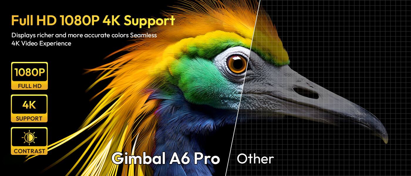 Full HD 1080P 4K Support  
Displays richer and more accurate colors. Seamless 4K Video Experience  

1080P  
FULL HD  

4K  
SUPPORT  

CONTRAST  

Gimbal A6 Pro  

Other