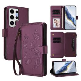 Dteck - Crossbody Wallet Case for Samsung Galaxy S24 Ultra,Embossed Butterfly Flower Folio Cover with Zipper Pocket+Strap - Darkpurple