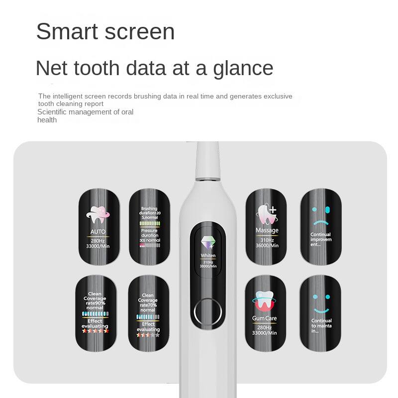 Smart screen  
Net tooth data at a glance  

The intelligent screen records brushing data in real time and generates exclusive tooth cleaning report  
Scientific management of oral health  

- Brushing duration: 120 S, normal  
- AUTO: 280Hz, 33000/Min  
- Pressure duration: 305 normal  
- Massage: 310Hz, 36000/Min  
- Whitening: 58000/Min  
- Clean Coverage rate: 90% normal  
- Effect evaluating  
- Gum Care: 280Hz, 33000/Min  
- Continual improvement  
- Continual to maintain