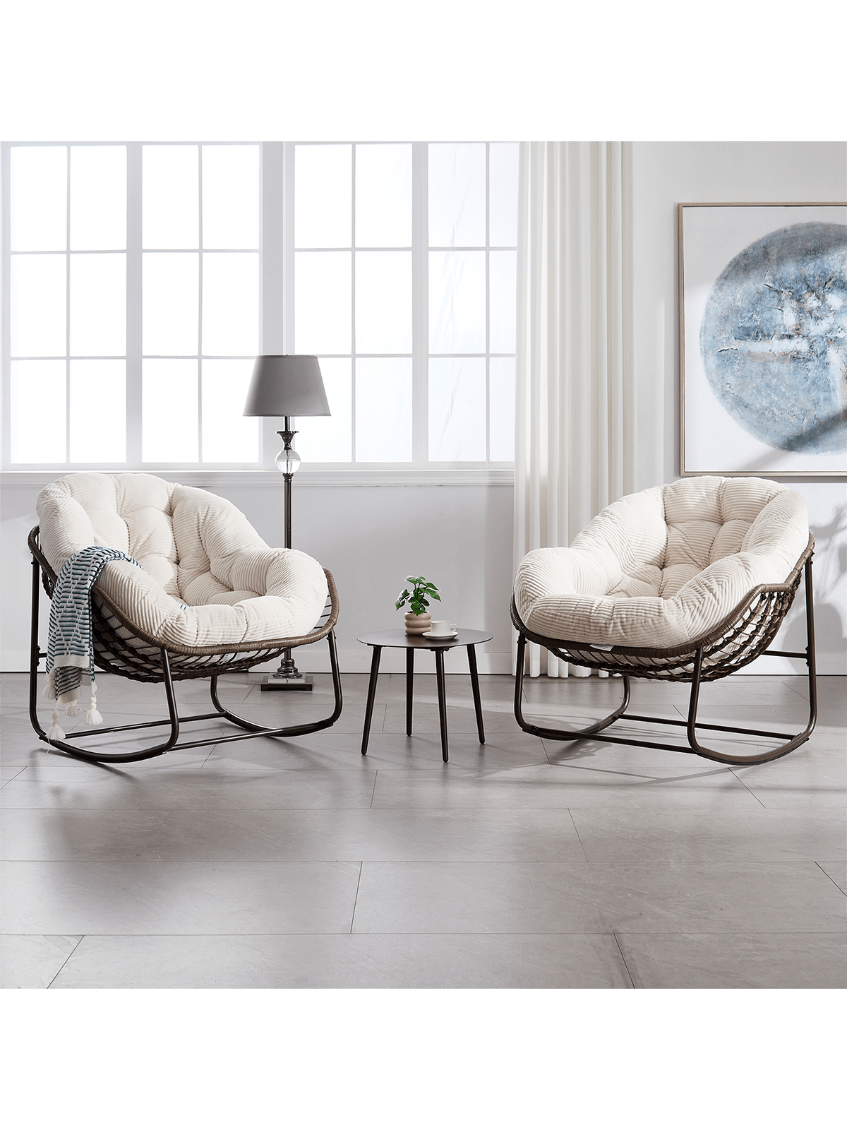 Trinkets Crazed - Outdoor Indoor Rocking Chair Set Of 2, Oversized Patio Papasan Rocking Egg Chair With Padded Cushion - Beige