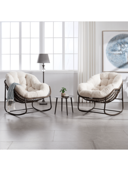 Trinkets Crazed - Outdoor Indoor Rocking Chair Set Of 2, Oversized Patio Papasan Rocking Egg Chair With Padded Cushion - Beige