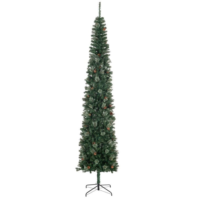 PULUZ - 9.5ft Pencil Christmas Tree, Slim Xmas Tree with Realistic Branches, Pine Cones and Metal Base - Green