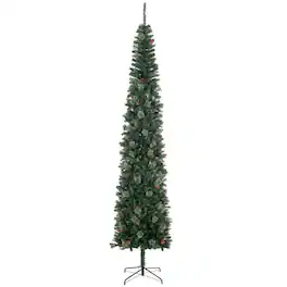 PULUZ - 9.5ft Pencil Christmas Tree, Slim Xmas Tree with Realistic Branches, Pine Cones and Metal Base - Green