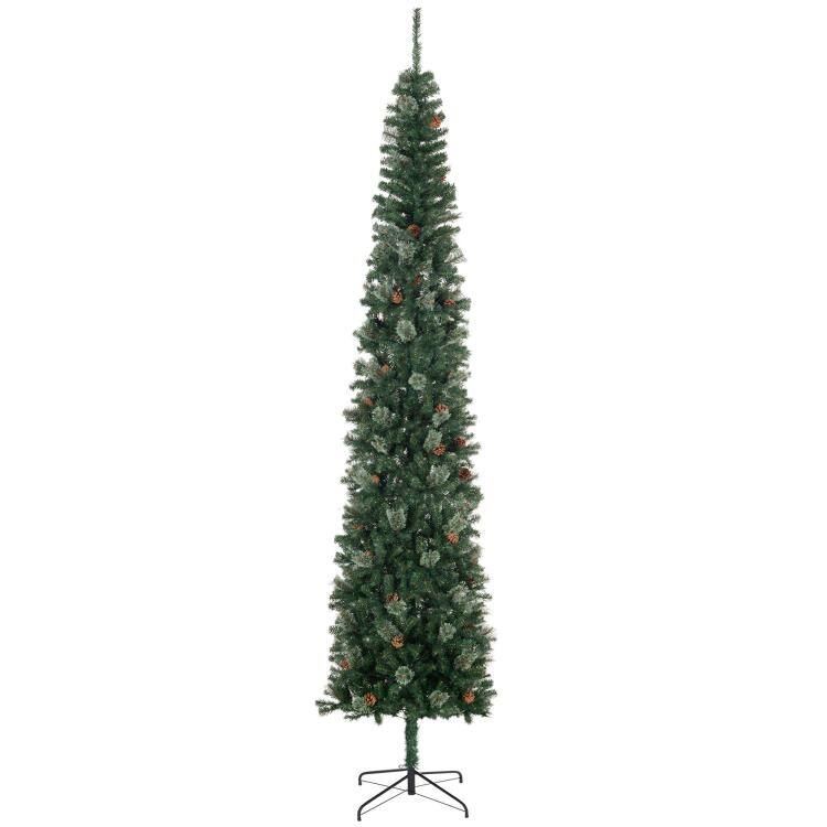 Front. PULUZ - 9.5ft Pencil Christmas Tree, Slim Xmas Tree with Realistic Branches, Pine Cones and Metal Base, - Green.