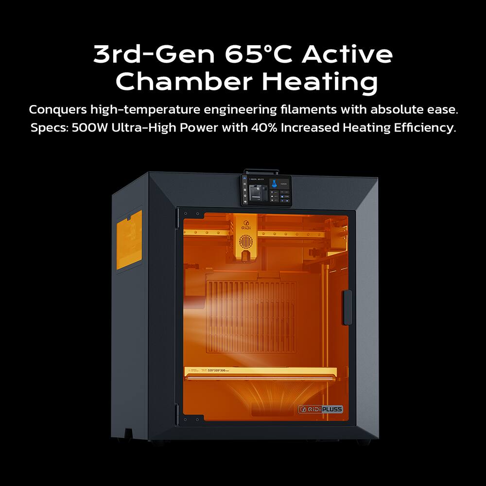 3rd-Gen 65°C Active Chamber Heating  
Conquers high-temperature engineering filaments with absolute ease.  
Specs: 500W Ultra-High Power with 40% Increased Heating Efficiency.