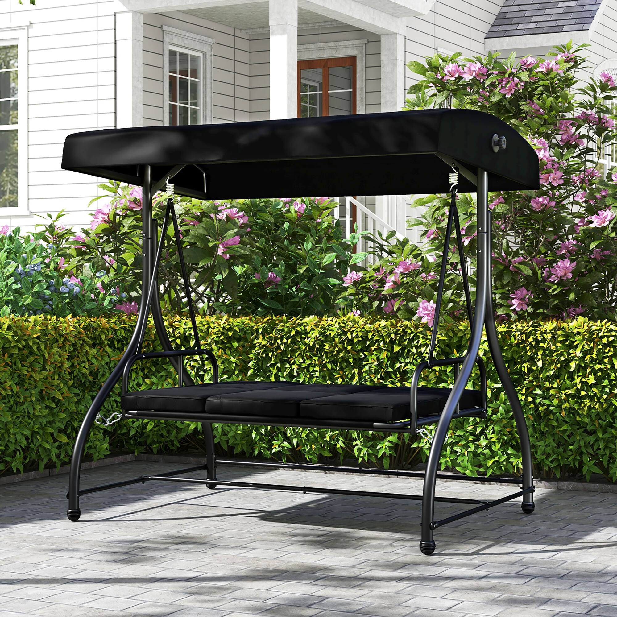 Alt View 3. Gymax - Gymax Converting Patio Swing Chair Porch Swing Bed w/Adjustable Canopy & Thickened Cushion Black - Black.