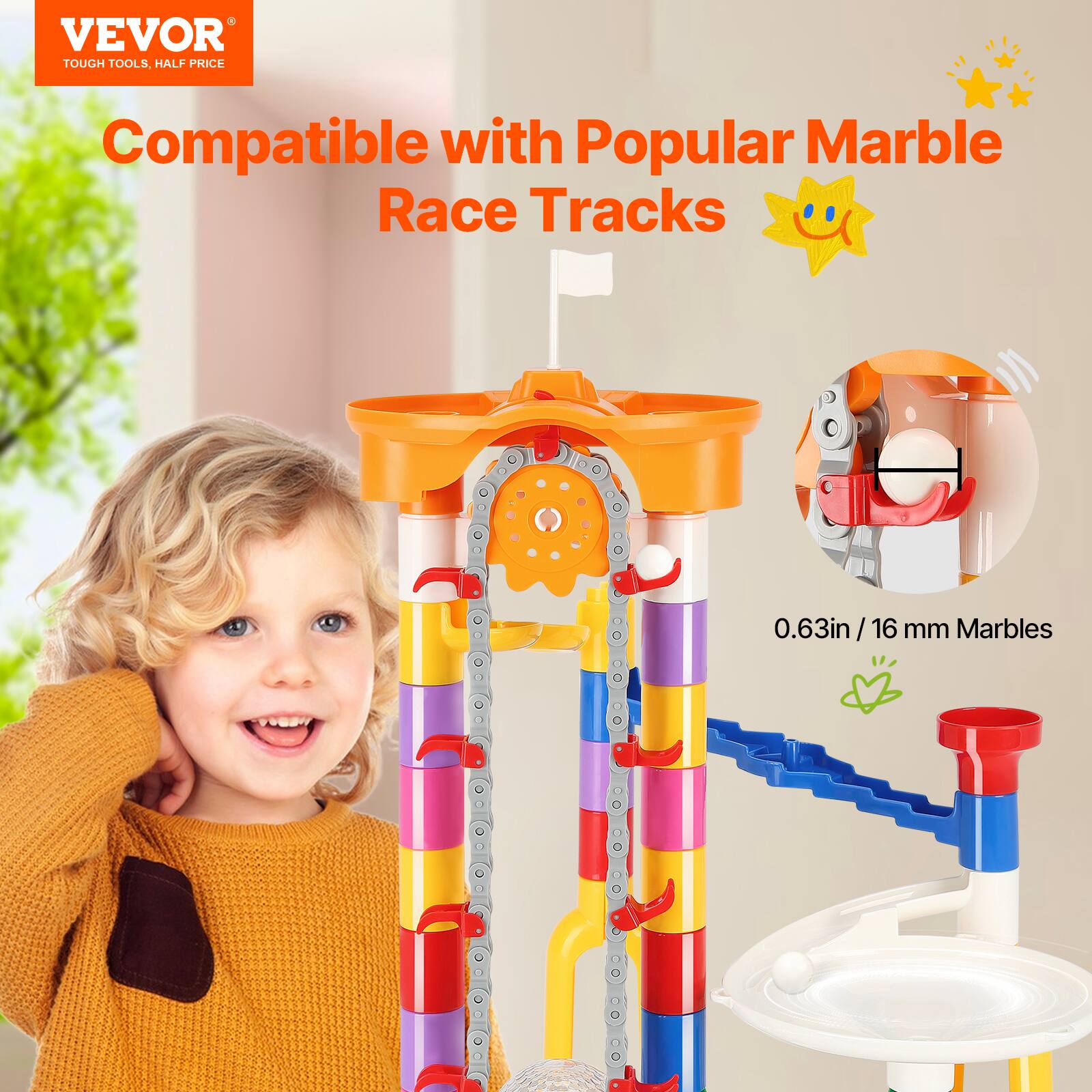 VEVOR  
TOUGH TOOLS, HALF PRICE  

Compatible with Popular Marble Race Tracks  

0.63in / 16 mm Marbles