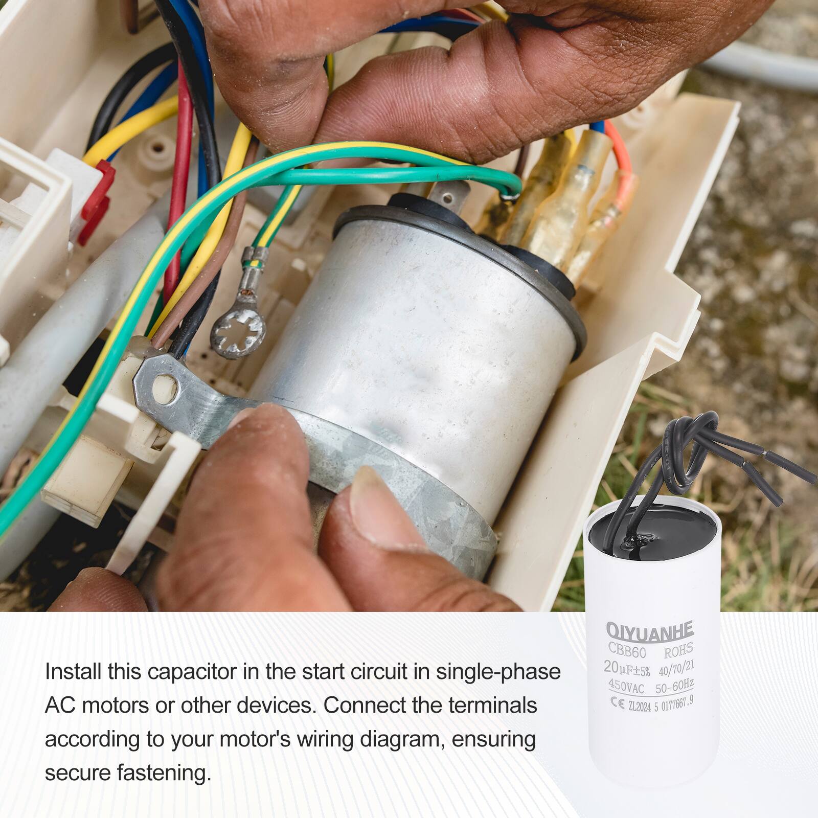 Install this capacitor in the start circuit in single-phase AC motors or other devices. Connect the terminals according to your motor's wiring diagram, ensuring secure fastening.

QIYUANHE  
CBB60 ROHS  
20uF5% 40/70/21  
450VAC 50-60Hz  
CE 0077667  
ZL.2024