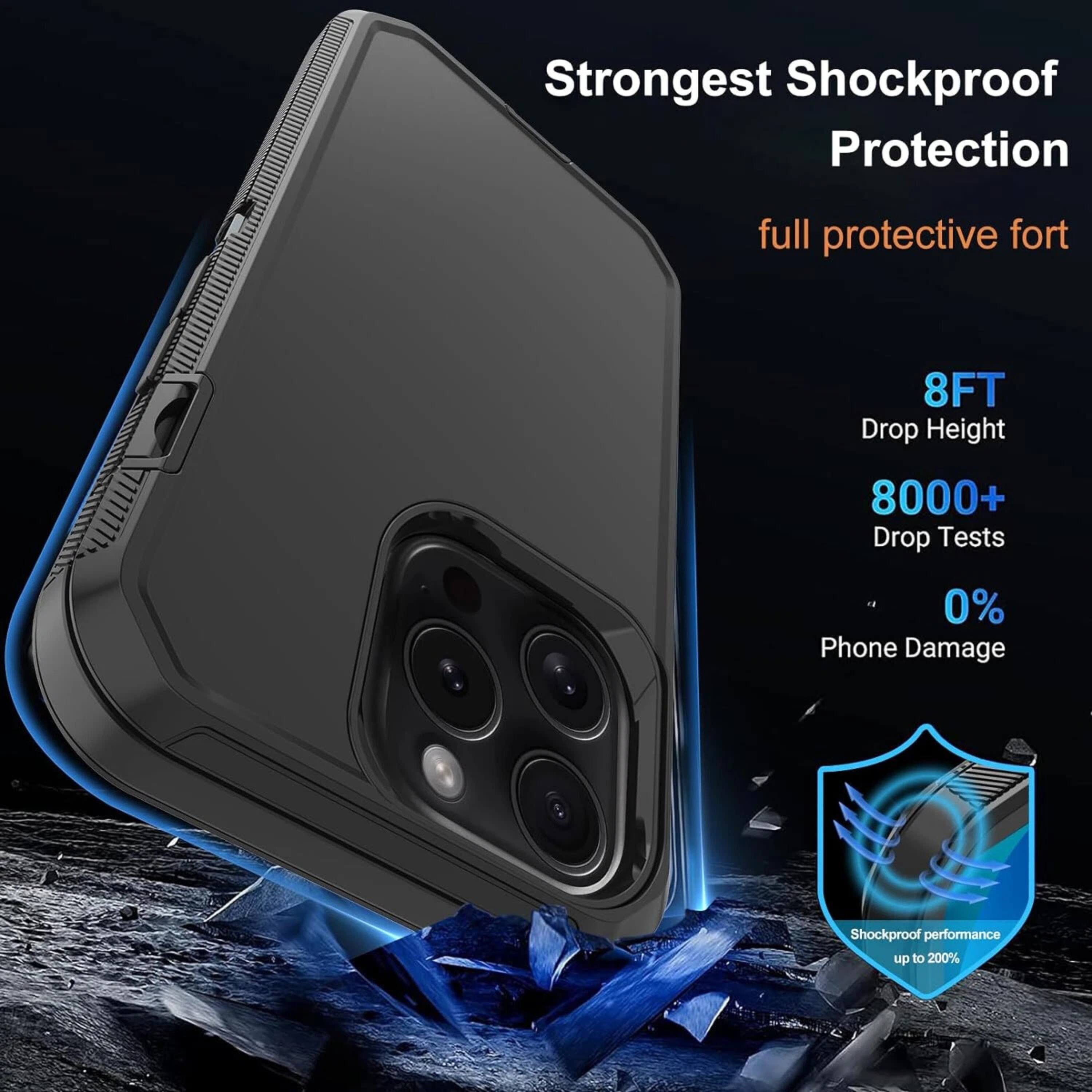 Strongest Shockproof Protection  
full protective fort  
8FT Drop Height  
8000+ Drop Tests  
0% Phone Damage  
Shockproof performance up to 200%