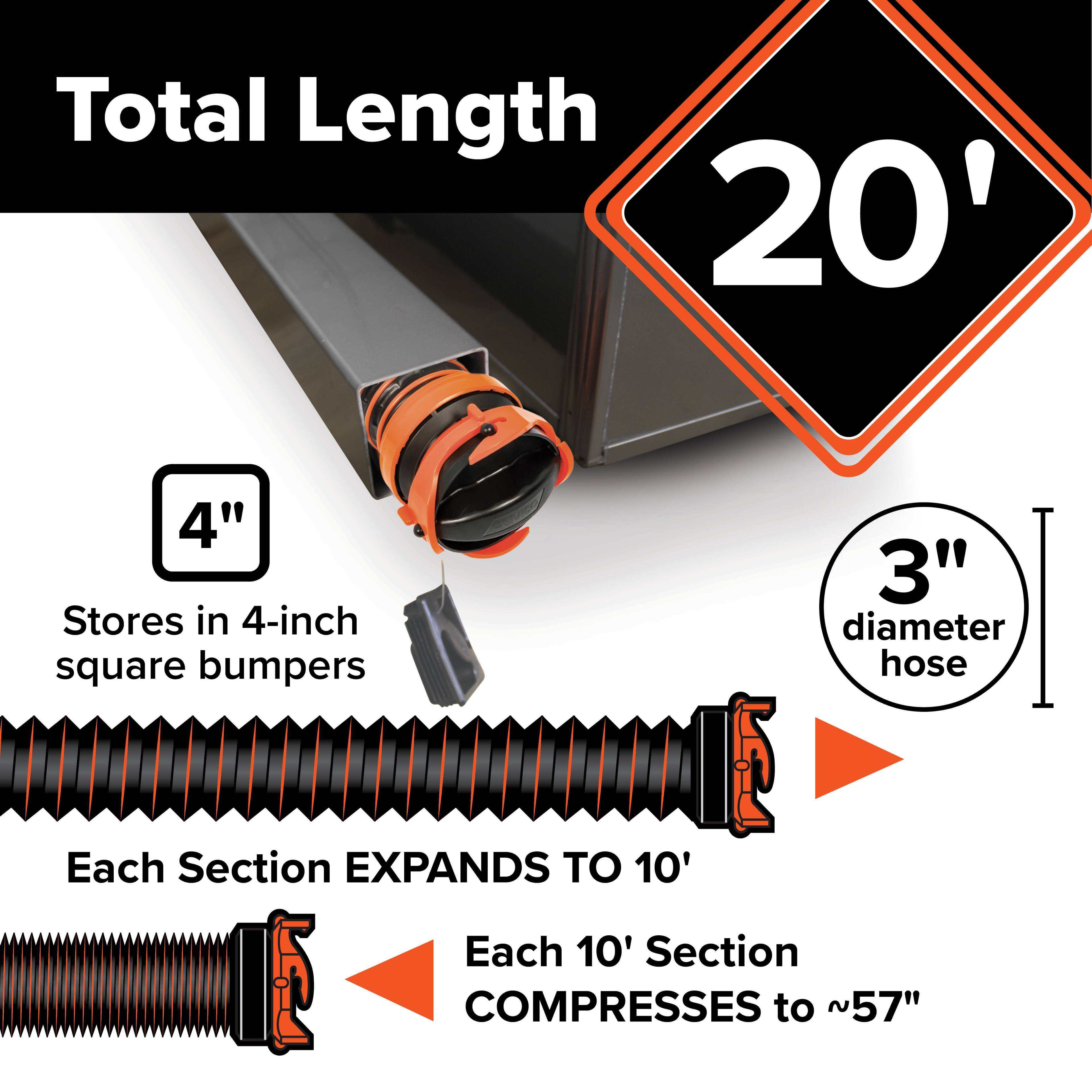 Total Length 20' 4"  
Stores in 4-inch square bumpers  
3" diameter hose  
Each Section EXPANDS TO 10'  
Each 10' Section COMPRESSES to ~57"