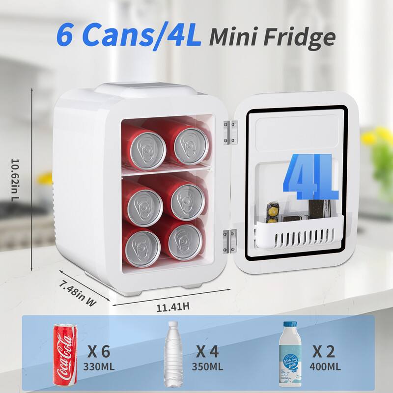 6 Cans/4L Mini Fridge

Dimensions:
- Length: 10.62in
- Width: 7.48in
- Height: 11.41in

Capacity:
- 6 cans of 330ML
- 4 bottles of 350ML
- 2 bottles of 400ML