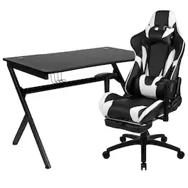 Emma + Oliver - Gaming Desk Set - Cup/Headset Holder/Reclining & Footrest - Black
