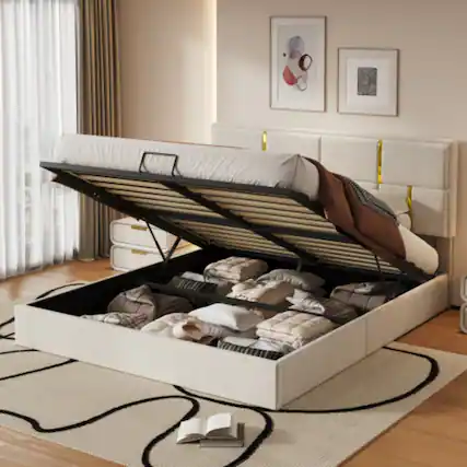 Front. LUCKY ONE - Queen Size Upholstered Platform Bed with Hydraulic Storage System, Soft Fabric Headboard, No Box Spring Needed - Beige.