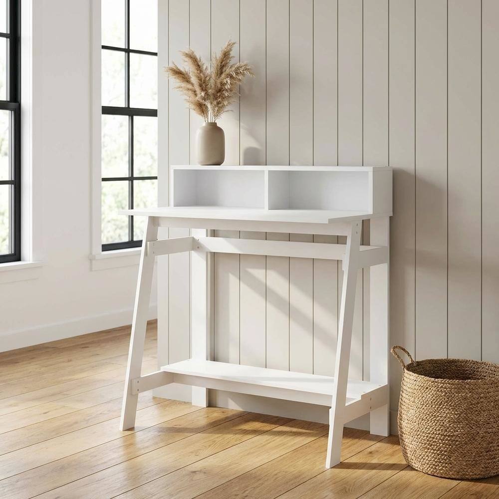 Angle. BisonOffice - White Furinno A Frame Computer Desk with Sleek Design and Durable Construction - White.