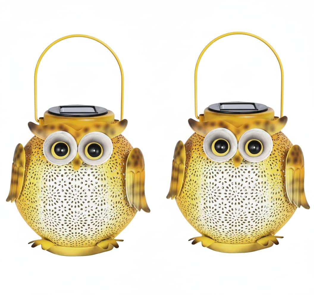 FINEAK - 6" 2 Pack Owl Pattern Solar Hanging Lanterns - Waterproof Metal Garden Outdoor Lights - Gold