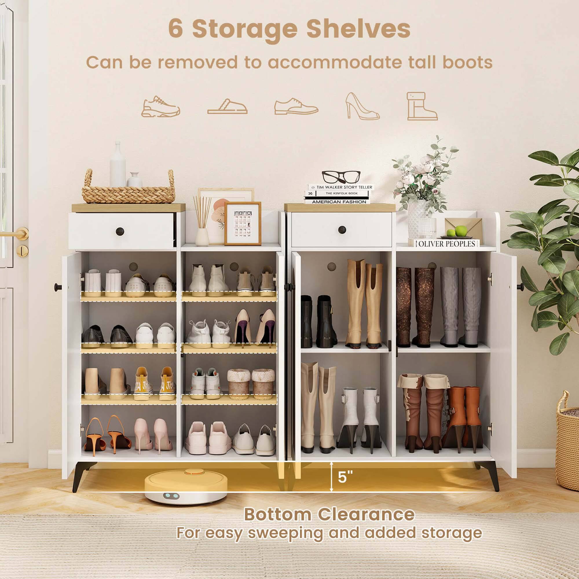 6 Storage Shelves  
Can be removed to accommodate tall boots

0 IM WALKER STORY TELLER x Twe UNIVE BOOK AMERICAN FASHION

OLIVER PEOPLES

5"  
Bottom Clearance  
For easy sweeping and added storage