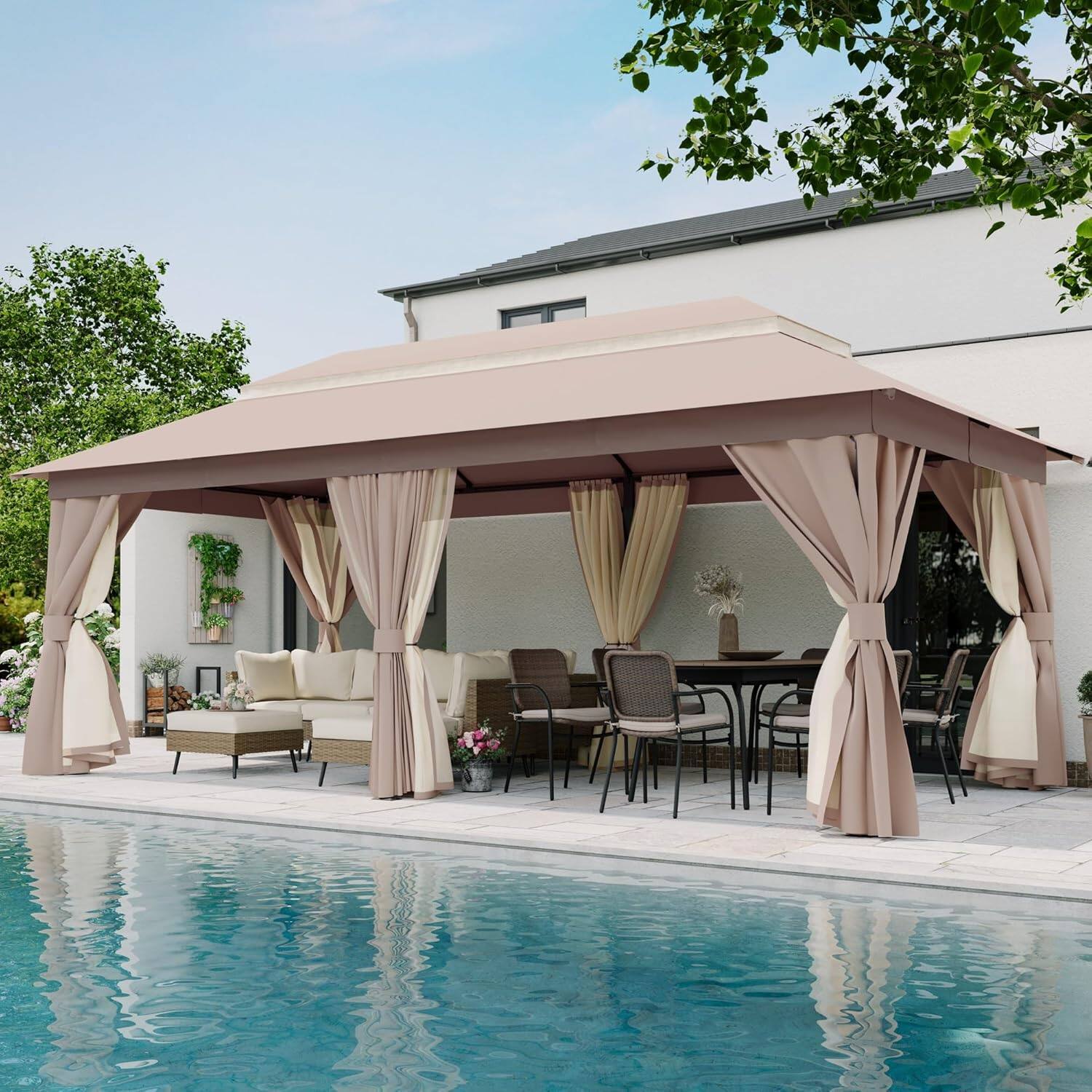 Angle. Decksplore - Semi-Permanent Patio Gazebo 10'x20' with Double Roofs, Mosquito Nettings and Privacy Screens - champagne.