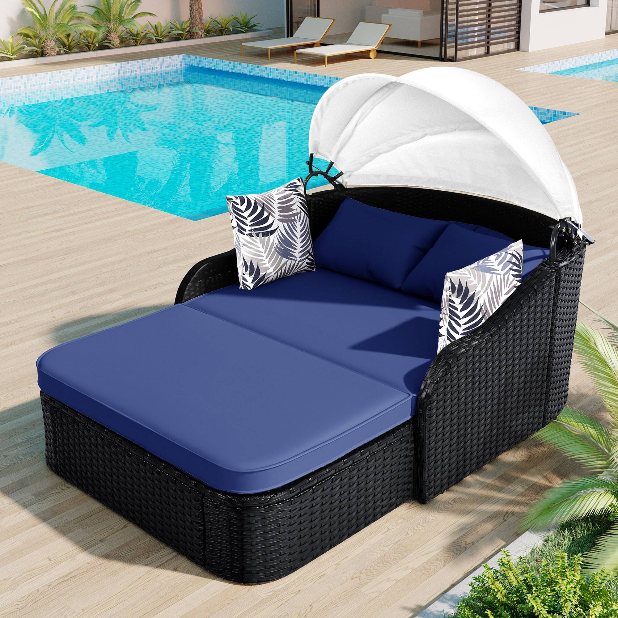 Angle. Mondawe - 79.9" Outdoor PE Rattan Daybed with Adjustable Canopy with Beige Cushion - Black+Blue.