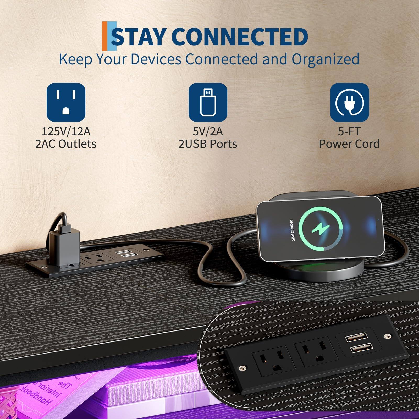 STAY CONNECTED  
Keep Your Devices Connected and Organized  

- 125V/12A 2AC Outlets  
- 5V/2A 2USB Ports  
- 5-FT Power Cord  

A OR Interior The Handbook