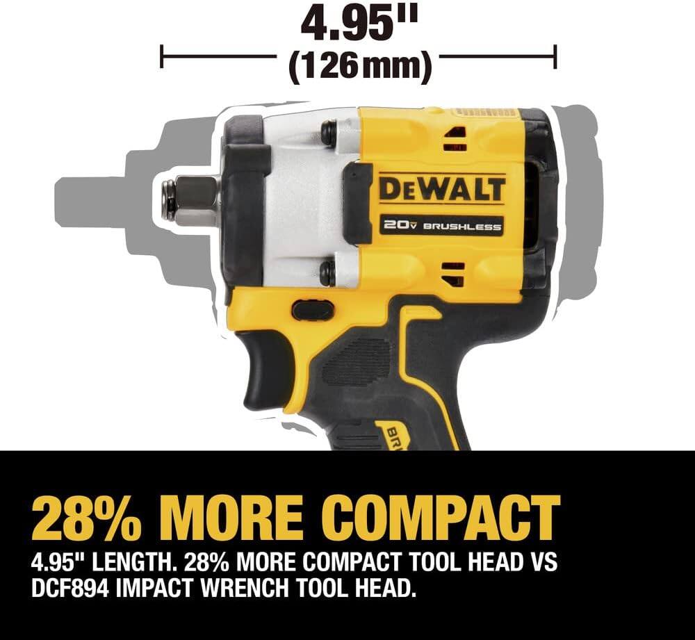4.95" (126mm) DEWALT DE 20V BRUSHLESS BR 28% MORE COMPACT 4.95" LENGTH. 28% MORE COMPACT TOOL HEAD VS DCF894 IMPACT WRENCH TOOL HEAD.