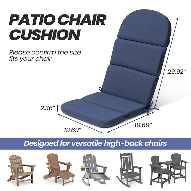 PATIO CHAIR CUSHION

Please confirm the size fits your chair

29.92" 2.36" 19.69" 19.69"

Designed for versatile high-back chairs
