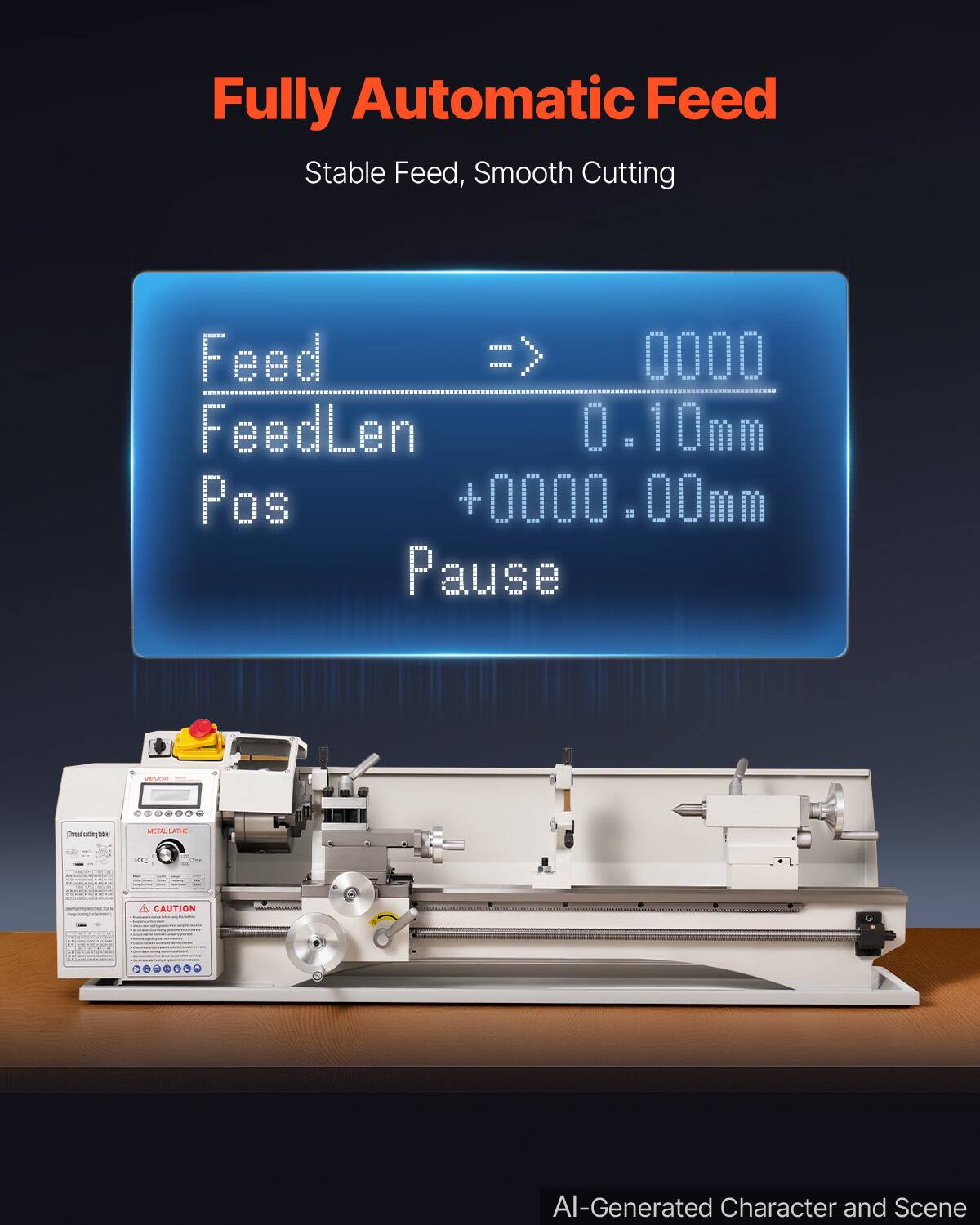 Fully Automatic Feed  
Stable Feed, Smooth Cutting  

Feed 0000  
FeedLen 0.10mm  
Pos +0000.00mm  
Pause  

VEVOR  
Theatestagrated  
METAL LINE  
CAUTION  

AI-Generated Character and Scene