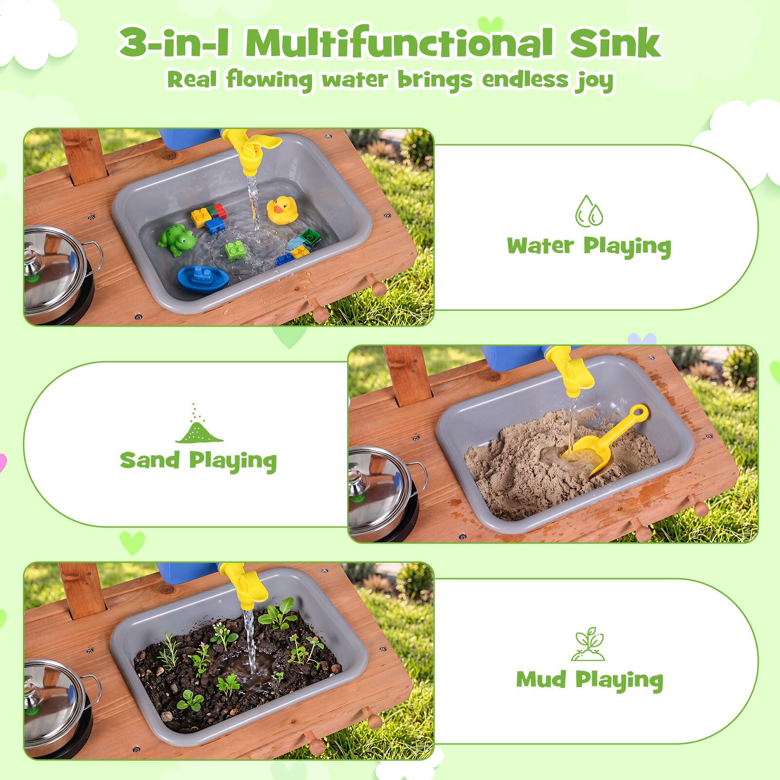 3-in-1 Multifunctional Sink  
Real flowing water brings endless joy  
Water Playing  
Sand Playing  
Mud Playing