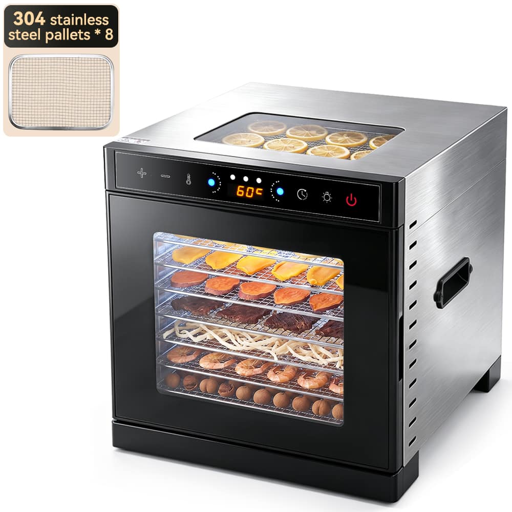 Topteng - Food Dehydrator with Top Glass Window – Dual-Layer Insulation, 360° Hot Air, Quiet, Fit for Fruit,Jerky,Herbs&Pet Treats - Gray