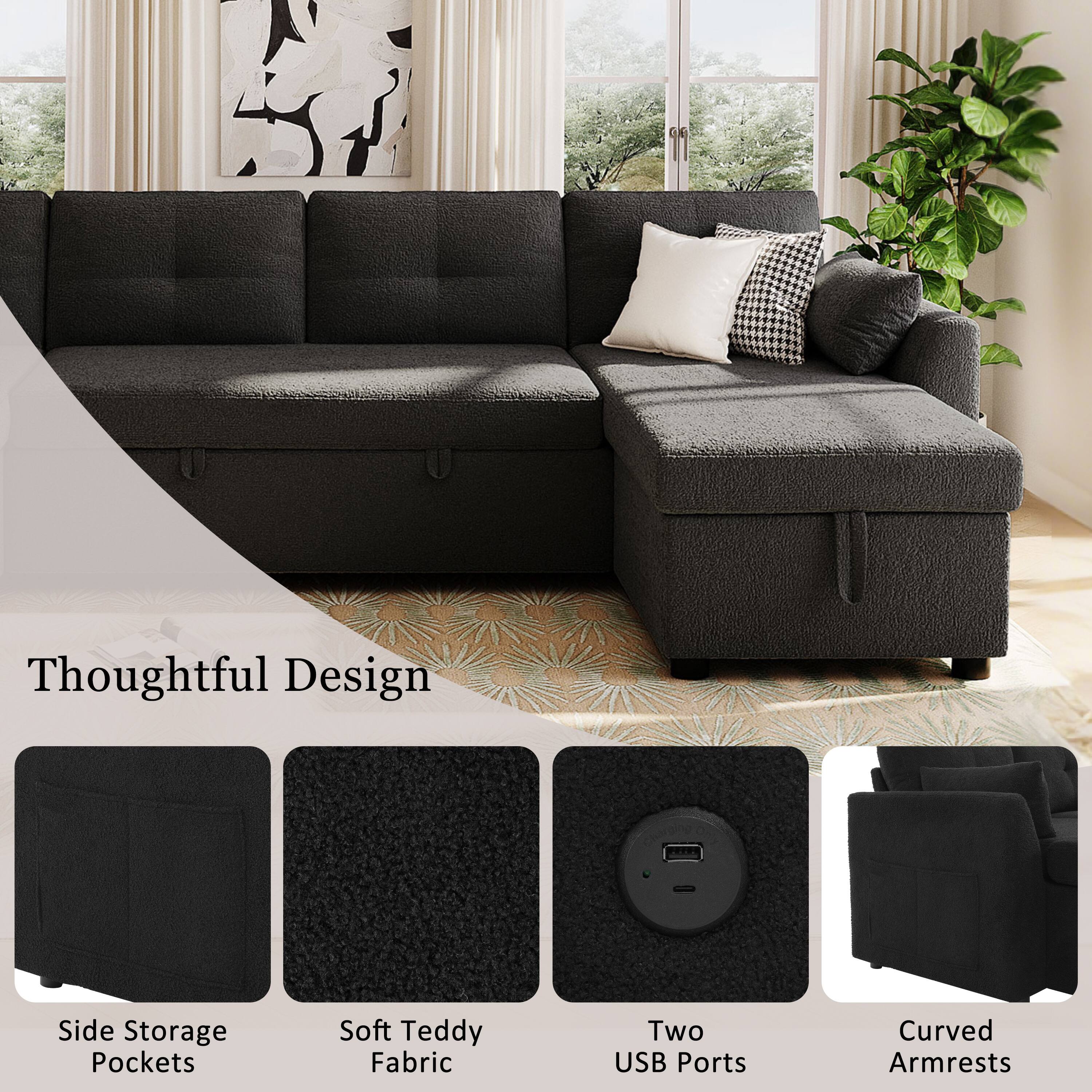 Thoughtful Design  
Side Storage Pockets  
Soft Teddy Fabric  
Two USB Ports  
Curved Armrests