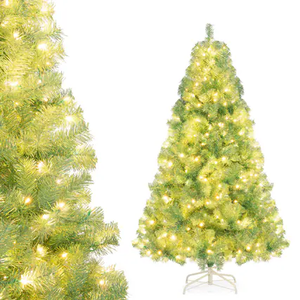 Front. Costway - Costway 6 FT Artificial Xmas Tree with 688 Branch Tips, 250 Warm White LED Lights 8 Modes Fruit Green - Fruit green.